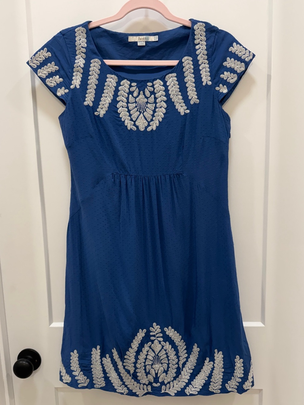 Boden Blue Mini Dress with White Embroidery Size 6.